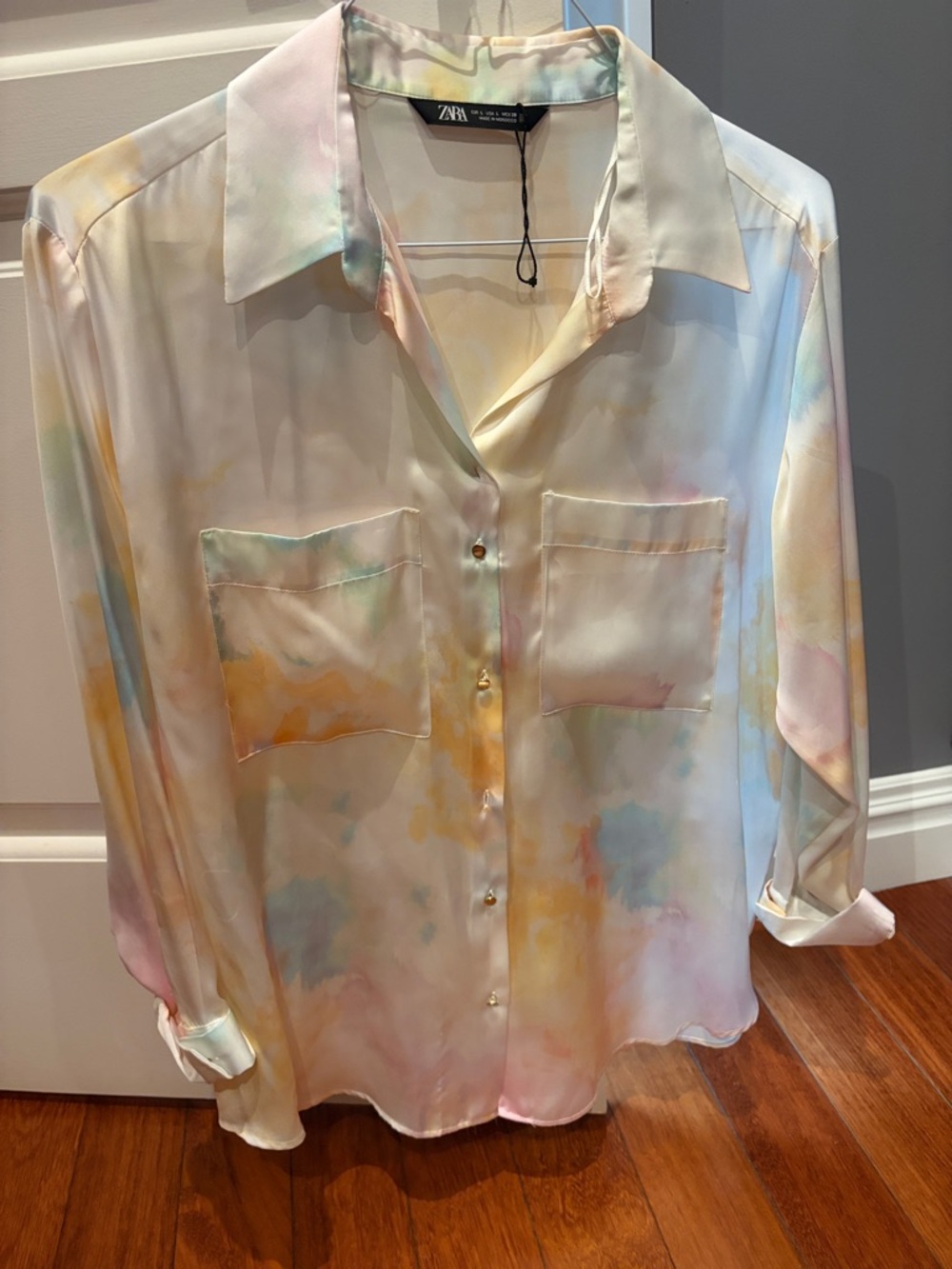 Zara Pastel Watercolor Satin Button-Down Shirt - Multi